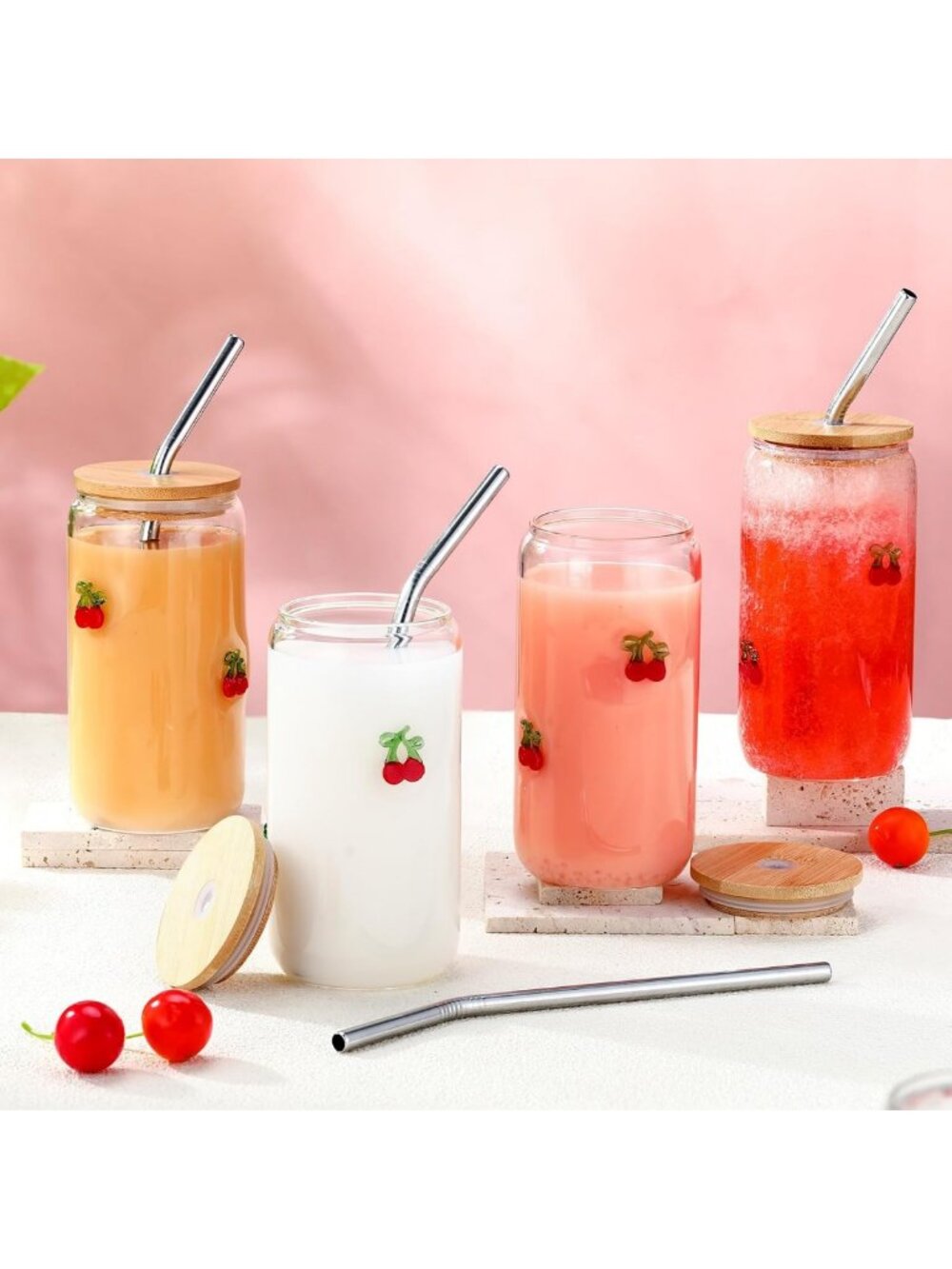 Set of 4 Cherry Icon Juice Glass Tumblers - 17 oz with Lid, Straw & Brush